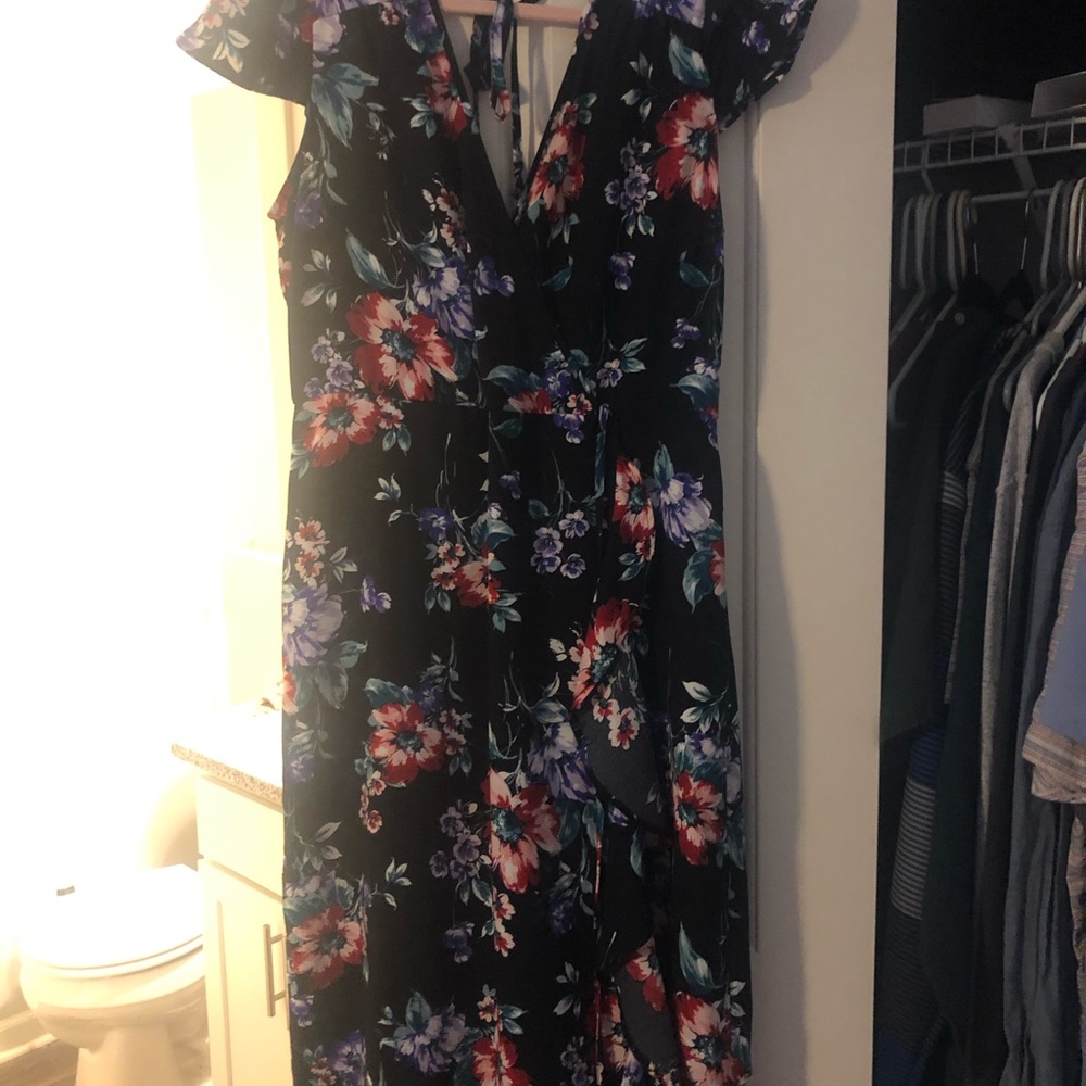Faux wrap floral black dress